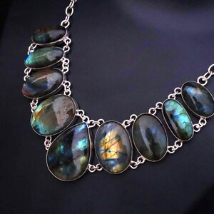 Natural Big Labradorite Necklace\ Silver Handmade Chain Linked Labradorite Necklace Jewelry\Bohemain Necklace\ Gift for her\Vintage Necklace