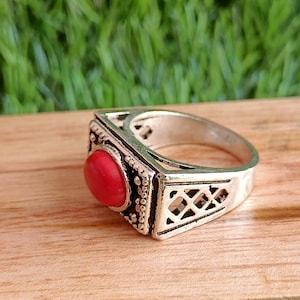Red Coral Designer Statement Boho Silver ring , Red Coral Ring, Coral Gemstone Ring