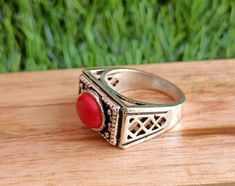 Red Coral Designer Statement Boho Silver ring , Red Coral Ring, Coral Gemstone Ring