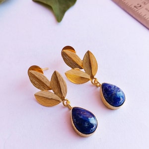 Boho Gold Plated Lapis Lazuli Dangle Earrings/Vintage Gemstone Drop/unique earrings