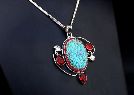 Beautiful Unique Design Dico Glass Stone With garnet Pendant, Birthday Gift, Gift for Love, Anniversary gift, Pendant Necklace