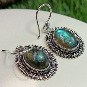 Boho 92,5 verzilverde vintage labradoriet edelsteen hangoorbellen, labradoriet oorbellen, hangoorbellen,