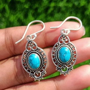 Boho 92.5 Silver Plated Vintage Turquoise Gemstone Dangle Drop Earrings, Turquoise Earrings, Dangle Drops Earrings, Gift Item,