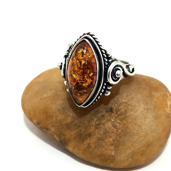 Handmade Baltic Amber Ring\Handmade ring\Sterling silver plated ring\Statement ring