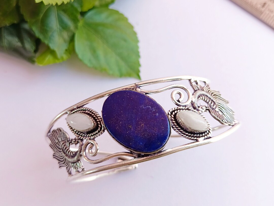 Moonstone and Lapis Lazuli Handmade Sterling Silver Plated Bangle Lapis