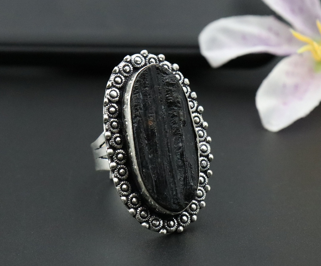 Raw Black Tourmaline Ring For Women - Adjustable 14K Gold Finish, Protection Jewelry, Zodiac Gift