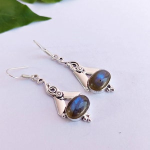 Antik Silber überzogene Vintage Labradorit Edelstein Tropfen Ohrringe, Labradorit Ohrringe, Baumeln Tropfen Ohrringe,