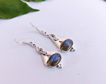 Antique Silver Plated Vintage Labradorite Gemstone Dangle Drop Earrings,  Labradorite Earrings, Dangle Drops Earrings,
