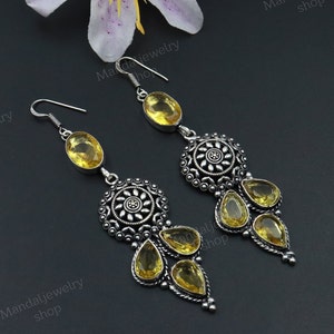 Antique Handmade Silver Plated Citrine Earrings\Dangle Drop Earrings\Handmade Earrings\Gemstone Earrings\Citrine Earrings\Lengthy earrings