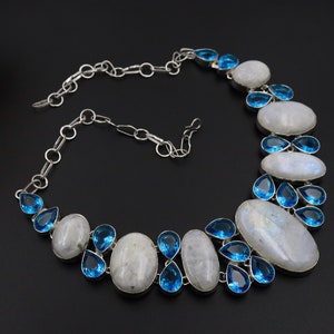 Gorgeous Natural Moonstone And Blue Topaz Necklace\Silver Plated handmade Gemstone Necklace\Charm Necklace\Necklace For gift\Wedding Jewelry