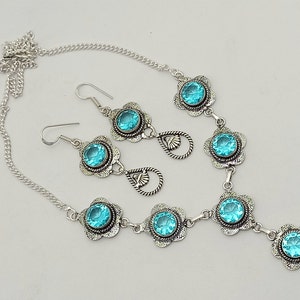 Beautiful blue topaz stone handmade silver plated Necklace and Earrings jewelry set