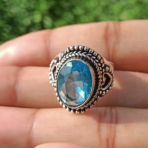 Boho 92.5 Versilberter Blautopas Handgemachter Ring, Damen Statement Ring, Geschenkidee, Blautopas Ring