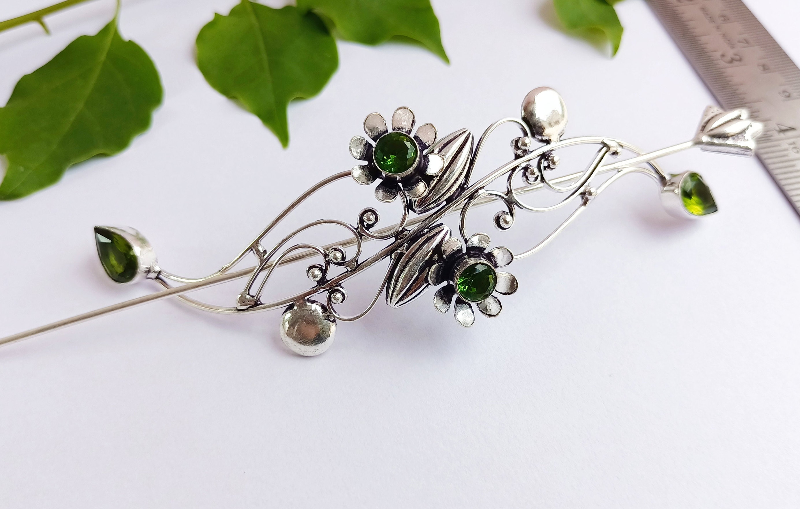 Gorgeous Green Peridot Stunning Handmade Sterling Silver Plated Hair clip barrette Celtic Viking Knot Hair Pin For Women, Hair jewelry,