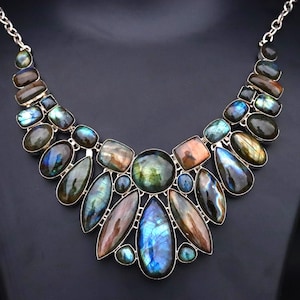 Labradorite Gemstone Necklace, Multi fire Gemstone Silver Coated Necklace, Wedding Necklace, Party wear Necklace Jewelry