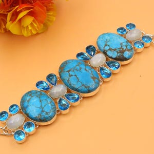 Turquoise ,Moonstone and topaz Gemstone handmade bracelet ! Turquoise Bracelet ! Moonstone bracelet ! Multi stone Wide Silver Bracelet