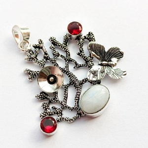 Artistic Vintage Natural Rainbow Moonstone And garnet Pendant, Pendant For gift