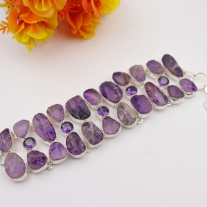 Bohemian Raw Amethyst Gemstone Handmade Silver Plated Bracelet\ Rough Gemstone Bracelet\ Anniversary Gift\ Gift For MOM