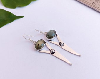 Antique Silver Plated Vintage Labradorite Gemstone Dangle Drop Earrings,  Labradorite Earrings, Dangle Drops Earrings,