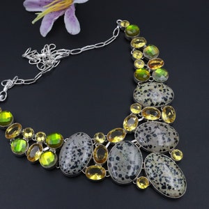 Dalmatian Jasper Silver Plated Necklace\Faceted Opal Necklace\Citrine Necklace\Multi Stone Unique Necklace\ Wedding Gifts Ideas