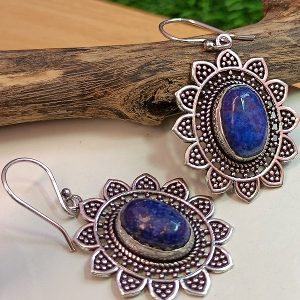 Boho 92.5 Silver Plated Vintage Lapis Lazuli Gemstone Dangle Drop Earrings, Lapis Lazuli  Earrings, Dangle Drops Earrings, Gift Item,