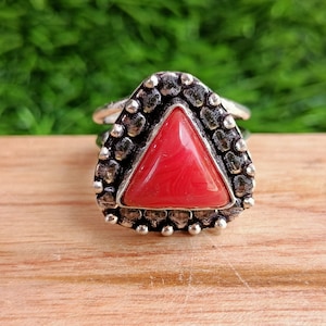 Red Coral Ring\ Tringle Shape Red Coral Ring\ Sterling Silver Plated Handmade Ring\ Statement ring\ Gemstone ring\ Coral ring