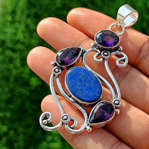 Artistic Design Natural Lapis Lazuli And Amethyst Gemstone Pendant, Multi Gemstone Pendant Necklace , 50 % Off Sale Jewelry