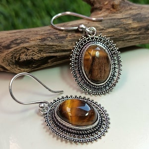 Boho 92.5 Silver Plated Tiger Eye Earrings, Women Dangle Drops Earrings, Handmade Earrings, Tiger Eye Jewelry, Gift Item
