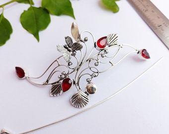 Handmade Red Garnet Sterling Silver Plated Hair Barrette: Celtic Viking Knot Hair Pin