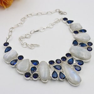 Natural moonstone and blue topaz stone handmade silver plated Necklace\ Gift Ideas for Her