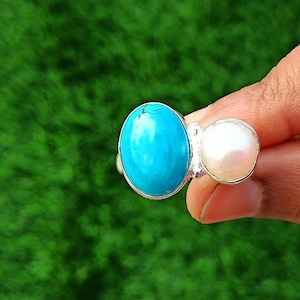 Turquoise, Peral Ring\ Double Gemstone Ring\ Turquoise Ring\ Pearl Ring\ Gemstone Ring\ Silver Plated Ring\ Antique Ring