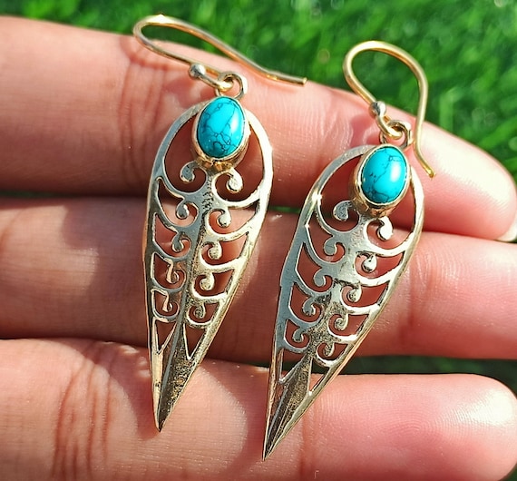 Boucles D'oreilles Anciennes Longues - Turquoise, Plaqué Or, Style Créateur Vintage, Occasion