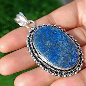 Natural Lapis Lazuli Pendant Necklace , Oval Cut Silver Plated Pendant, Boho Silver Pendant For Women