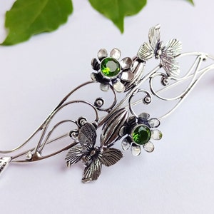 Prachtige groene peridot prachtige handgemaakte sterlingzilver vergulde haarspeld haarspeld Keltische Viking knoop haarspeld voor vrouwen, haarsieraden, cadeau