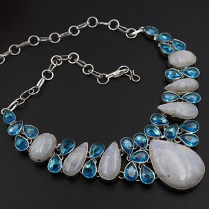 Gorgeous Natural Moonstone And Blue Topaz Necklace\Silver Plated handmade Gemstone Necklace\Charm Necklace\Necklace For gift\Wedding Jewelry