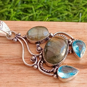 Sterling Silver Plated Labradorite And Blue Topaz Pendant Necklace, Gift Item