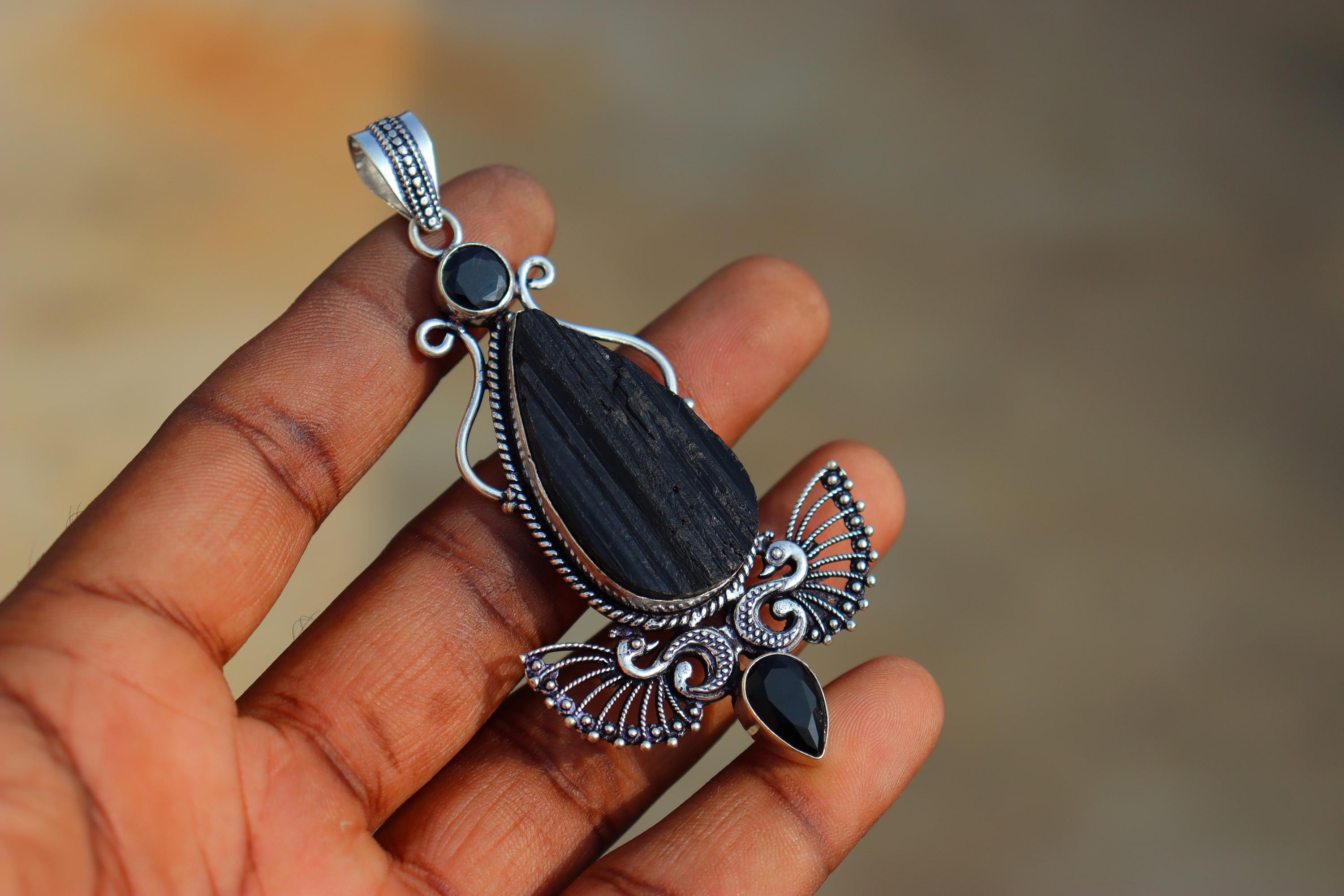 ロングサイズ 天然ブラックトルマリン＆ブラックオニキスペンダント