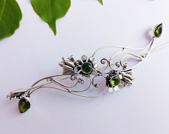 Peridoto verde impresionante hecho a mano plata esterlina plateado clip de pelo barrette celta vikingo nudo pasador de pelo para las mujeres, joyería del cabello,