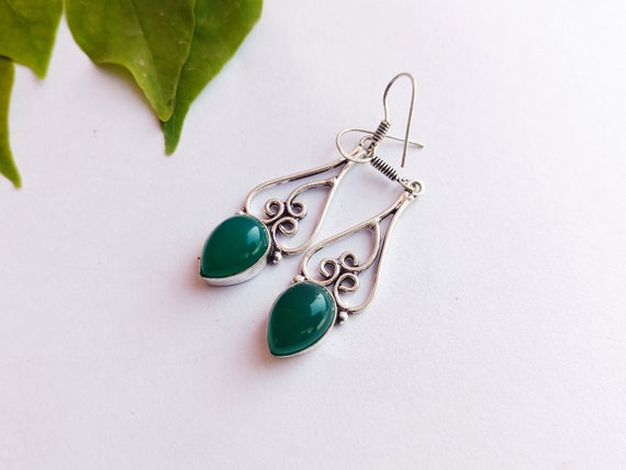 Boucle D'oreille Bohème En Onyx Verte Facettée - Longueur 2,2", Argent Doré, Fait Main, Neuf Sans Emballage