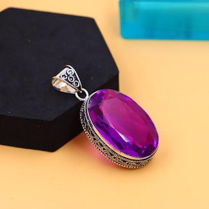 Vintage faceted Dark Pink Topaz Handmade Silver Oxidized Pendant\Big Size Pendant\ Oval Pink topaz Pendant\ Gift ideas