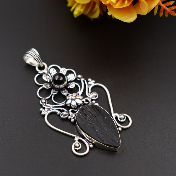 Raw black tourmaline & Black Onyx pendant\Black tourmaline pendant necklace\Onyx Pendant for women\Unique gifts\Pendant necklace\Tourmaline