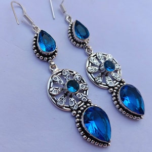 beautiful blue topaz stone handmade silver plated earrings