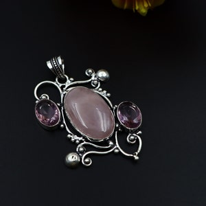 Natural Rose Quartz And Pink Quartz Stone Silver Oxidized Designer Pendant Necklace\Unique Gemstone Pendant For Gift