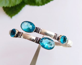Swiss Blue topaz Bangle\Handmade Blue topaz bangle\Topaz Bangle\Silver Plated Bangle\Unique Topaz Bangle\Gift Item
