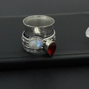 Natural Rainbow Moonstone And Garnet Spinner Ring\Sterling Silver Plated Spinner Ring\Spinner Moonstone Ring\Spinner Garnet ring