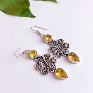 Citrine earrings\Flower earrings\Boho Earrings\Citrine dangle earring\Silver citrine earrings\Unique gifts idea\Silver plated earrings