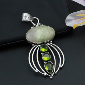 Silver Oxidized seraphinite and peridot handmade pendant, Unique Design Pendant gift For her