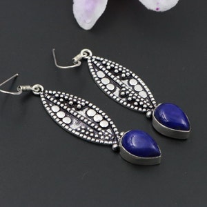 Boho Silver Plated Vintage Lapis lazuli Gemstone Dangle Drop Earrings\Natural Laps lazuli Earrings\Dangle Drops Earrings\Vintage Gift Ideas