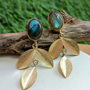 Boho Gold Plated Vintage Labradorite Gemstone Dangle Drop Earrings,  Labradorite Earrings, Dangle Drops Earrings,