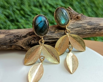 Boho Gold Plated Vintage Labradorite Gemstone Dangle Drop Earrings,  Labradorite Earrings, Dangle Drops Earrings,