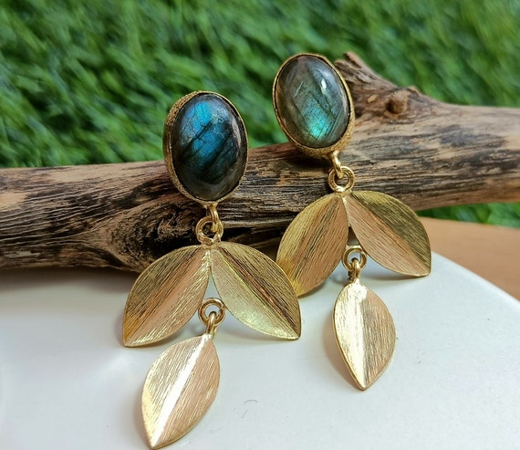 Boho Gold Plated Vintage Labradorite Gemstone Dangle Drop Earrings,  Labradorite Earrings, Dangle Drops Earrings,